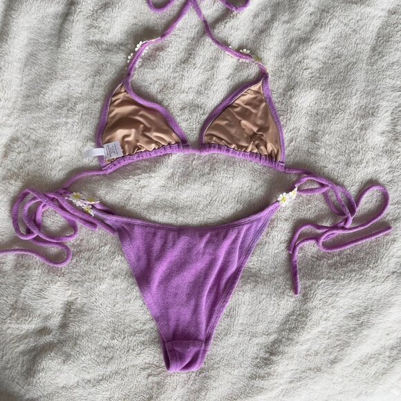 Lucy in the Sky | Lilac lavender terry bikini set daisy flower details | Size L - Picture 3 of 4